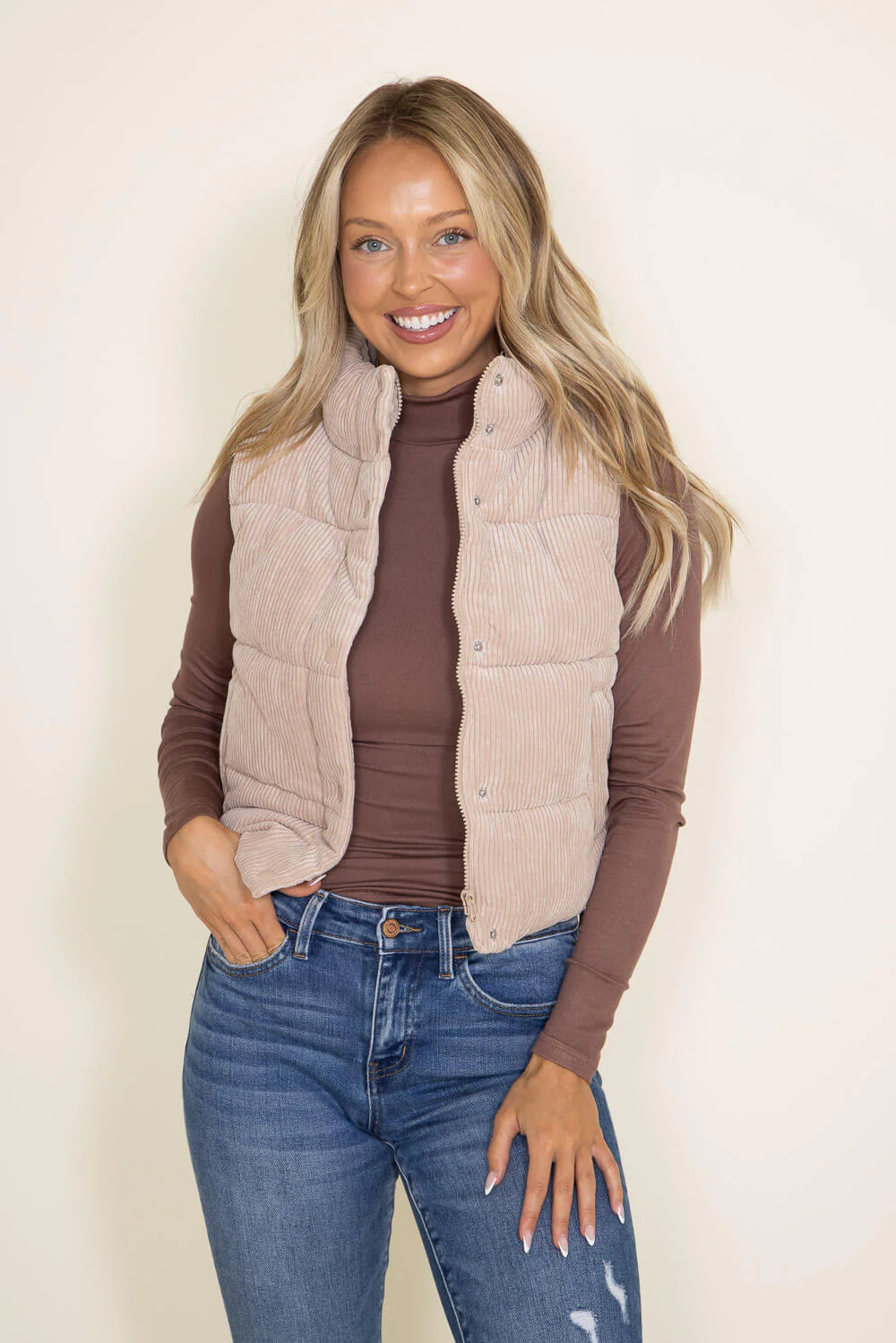 Love Tree Cropped Corduroy Puffer Vest for Women in Khaki | 5100VH-KHAKI - Image 2