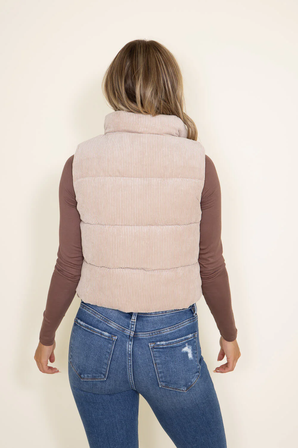 Love Tree Cropped Corduroy Puffer Vest for Women in Khaki | 5100VH-KHAKI - Image 3