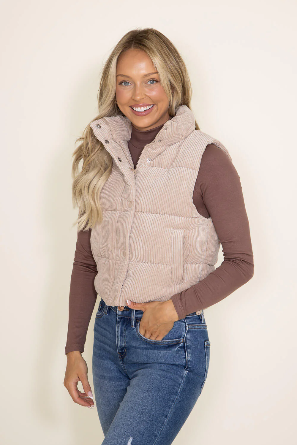 Love Tree Cropped Corduroy Puffer Vest for Women in Khaki | 5100VH-KHAKI - Image 4