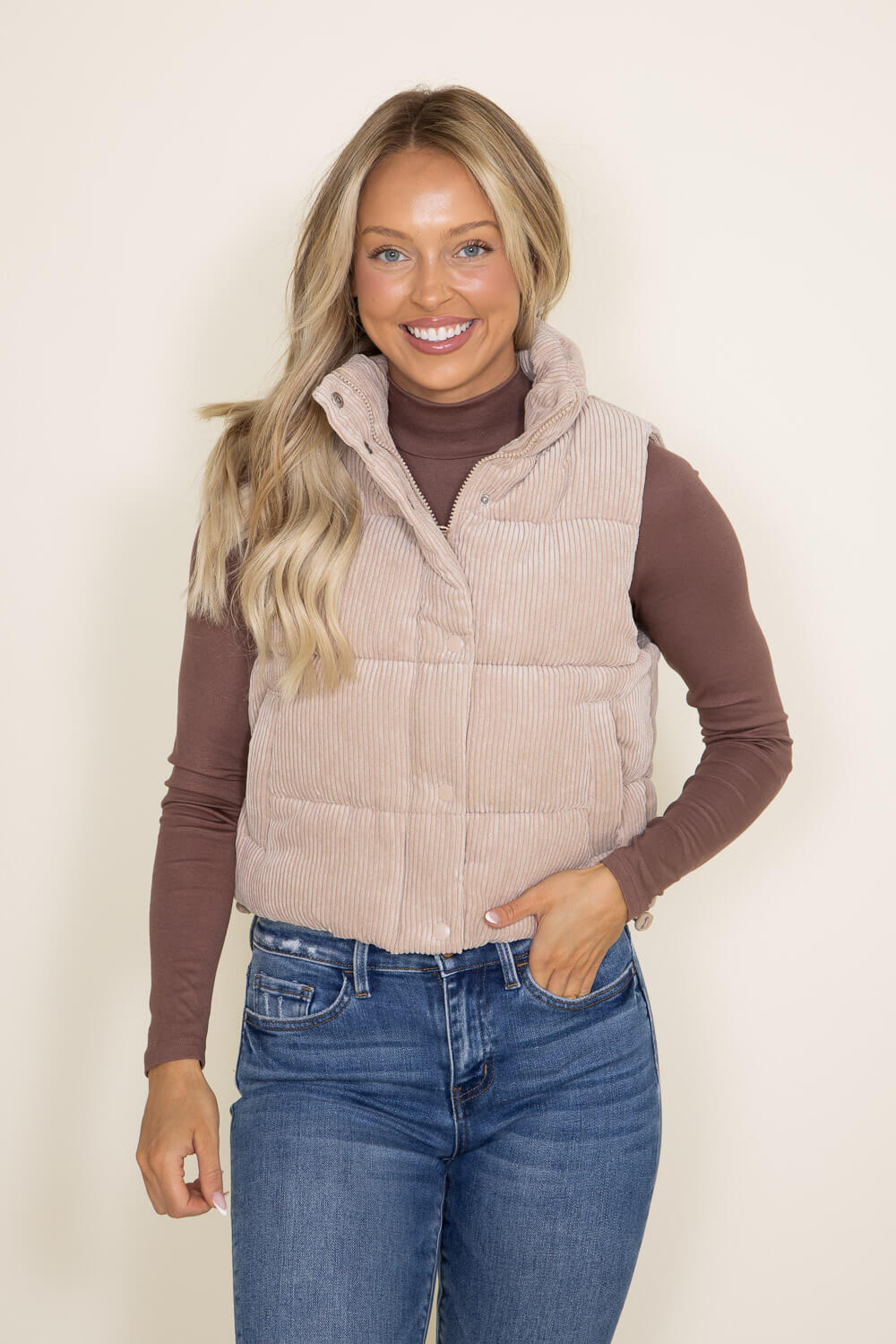 Love Tree Cropped Corduroy Puffer Vest for Women in Khaki | 5100VH-KHAKI - Image 5