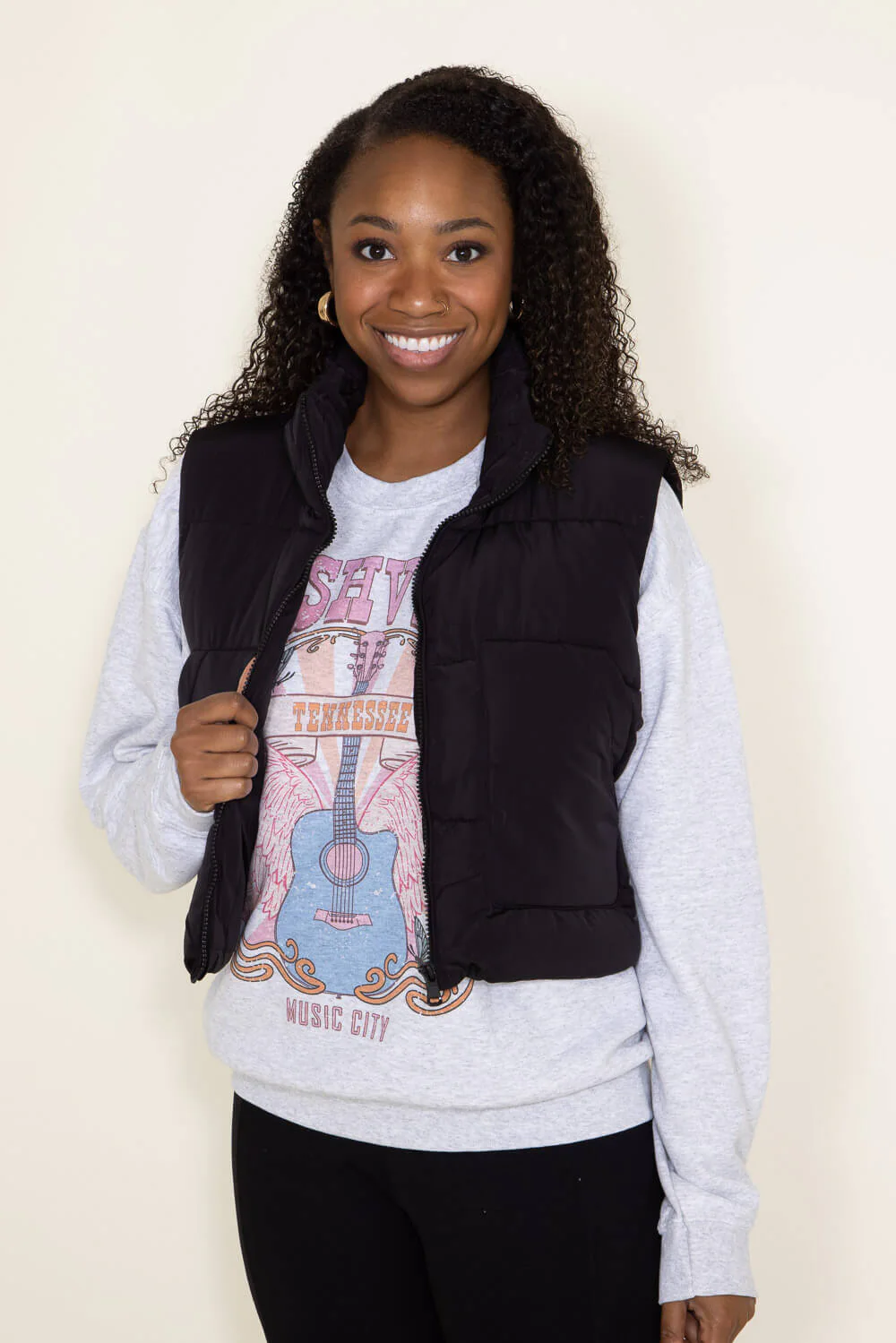 Love Tree Front Pocket Cropped Puffer Vest for Women in Black | 5073VM-BLACK - Image 4