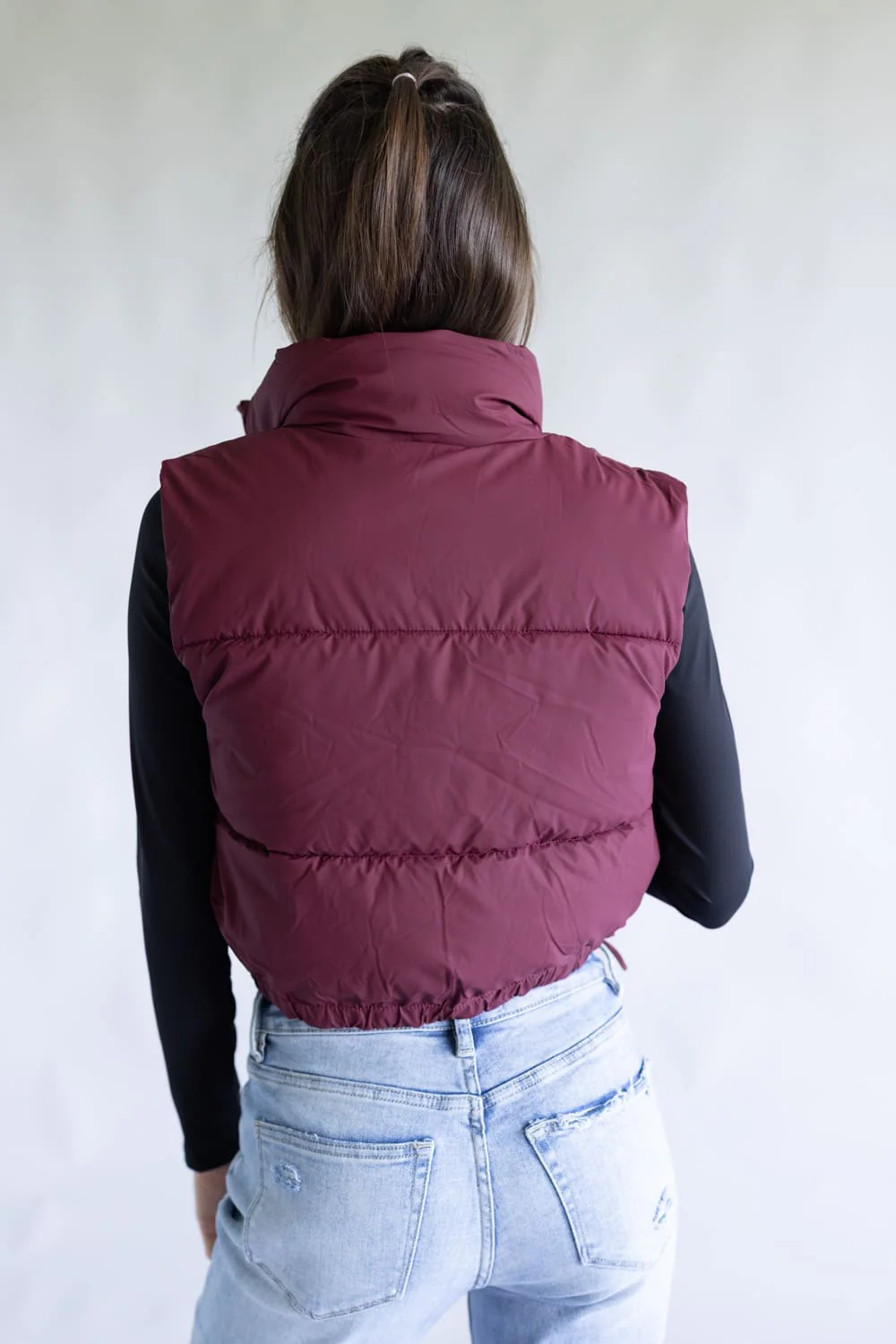 Love Tree Cropped Puffer Vest for Women in Burgundy | 5137VN-BURGUNDY - Image 2