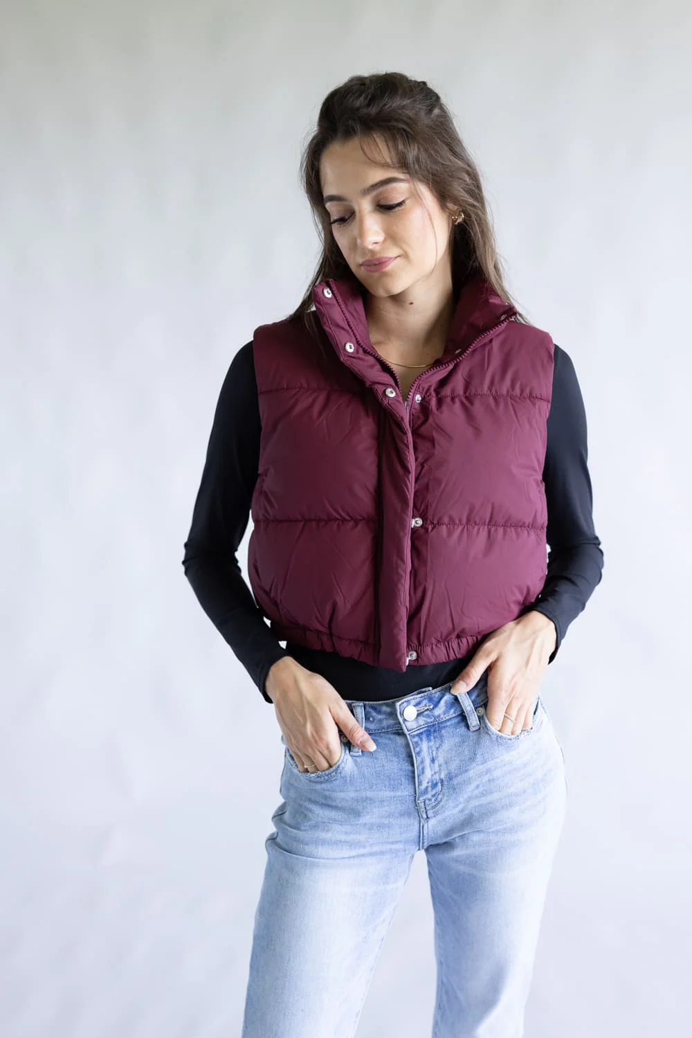 Love Tree Cropped Puffer Vest for Women in Burgundy | 5137VN-BURGUNDY - Image 3