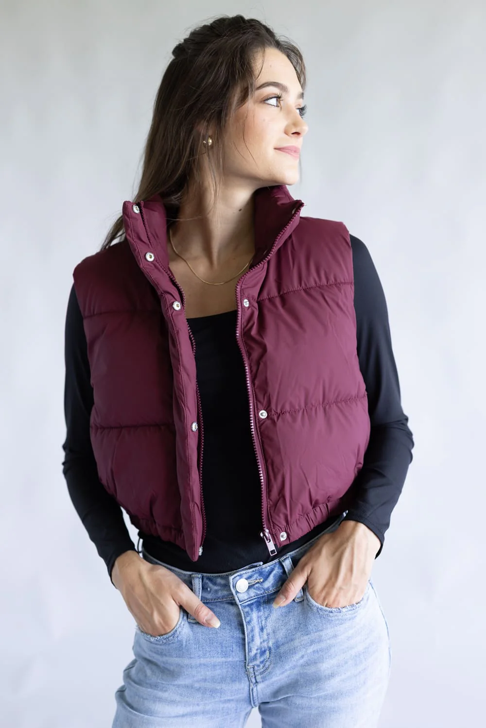 Love Tree Cropped Puffer Vest for Women in Burgundy | 5137VN-BURGUNDY - Image 4