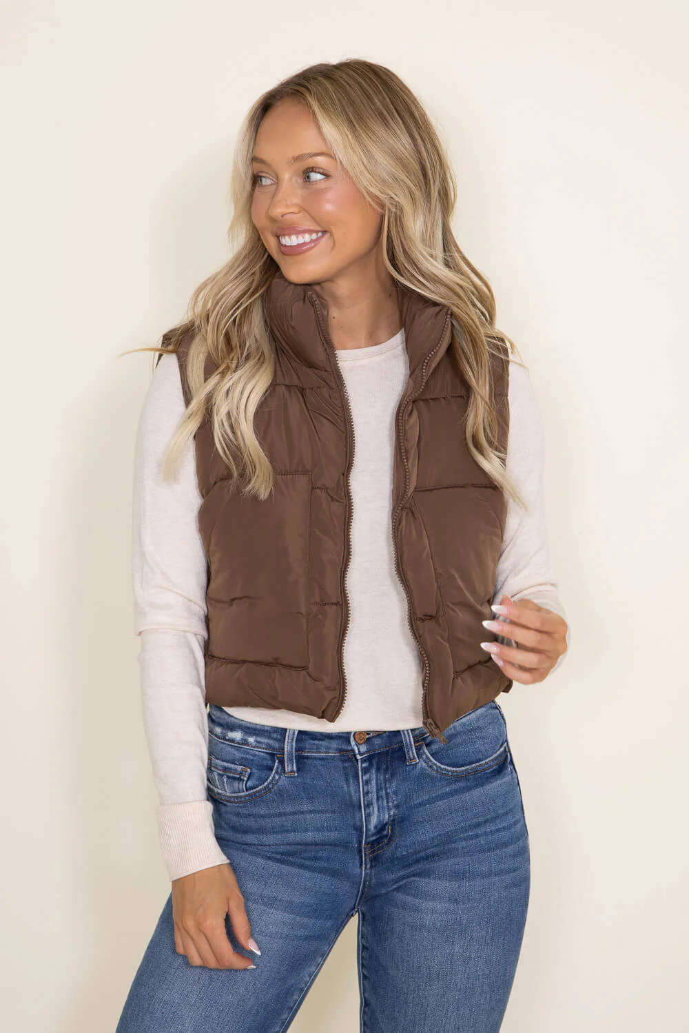 Love Tree Cropped Puffer Vest for Women in Brown | 5073VM-COCOA - Image 2