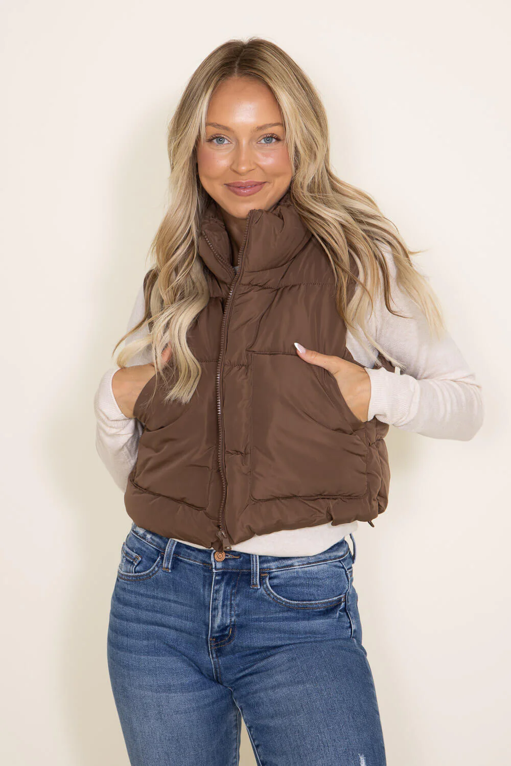 Love Tree Cropped Puffer Vest for Women in Brown | 5073VM-COCOA - Image 4