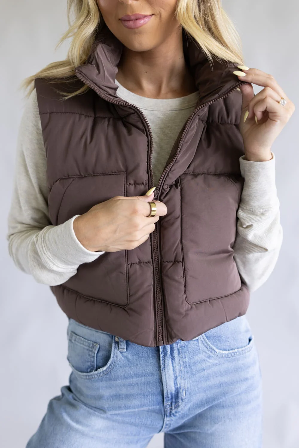 Love Tree Cropped Puffer Vest for Women in Espresso | 5073VM-ESPRESSO - Image 2