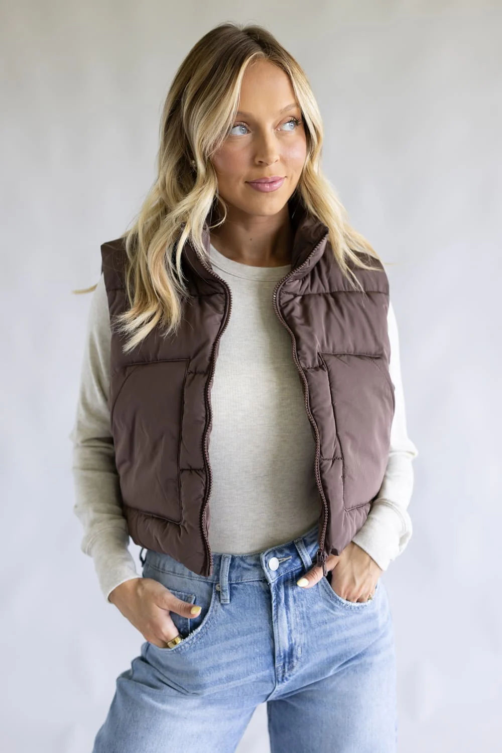 Love Tree Cropped Puffer Vest for Women in Espresso | 5073VM-ESPRESSO - Image 3