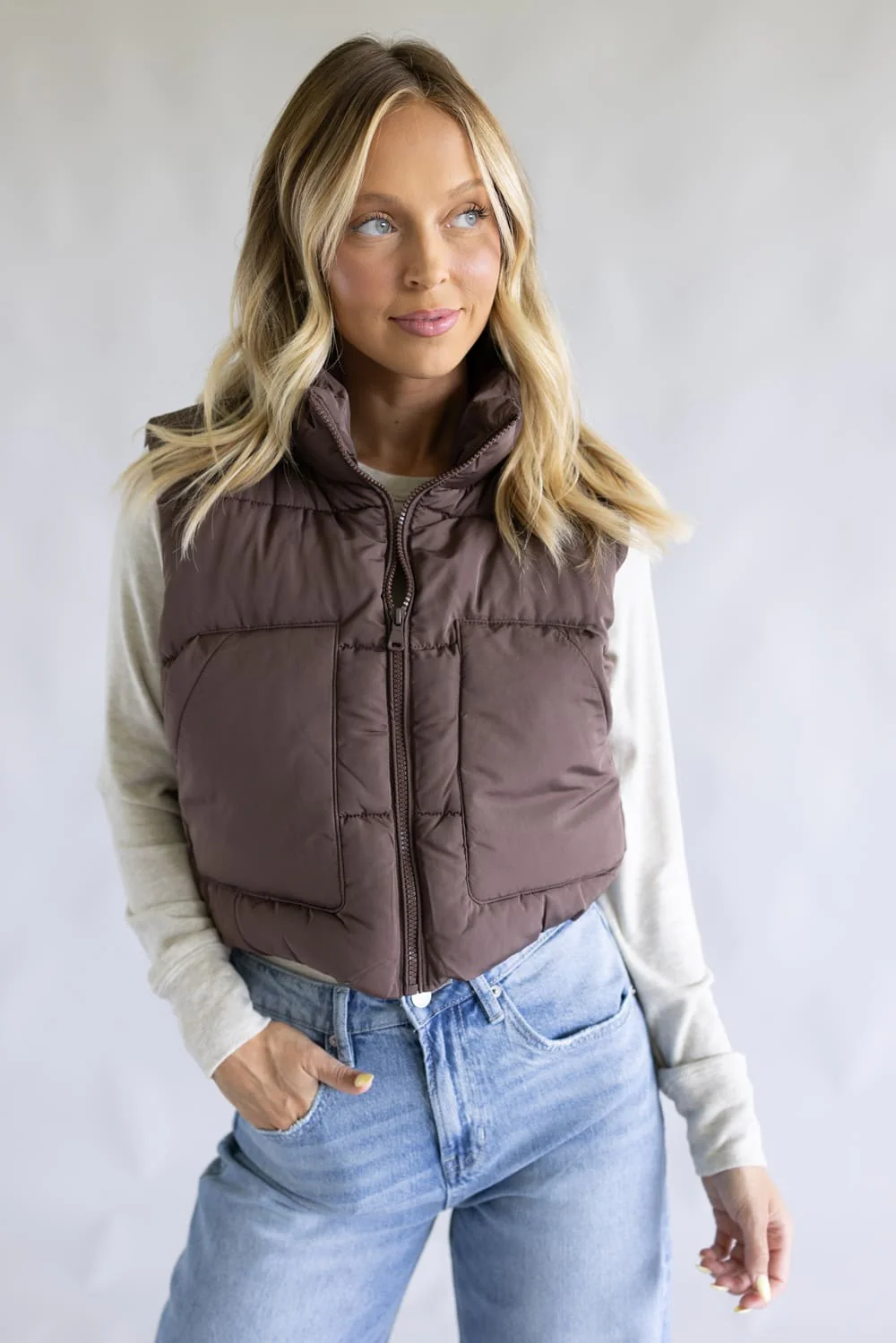 Love Tree Cropped Puffer Vest for Women in Espresso | 5073VM-ESPRESSO - Image 4
