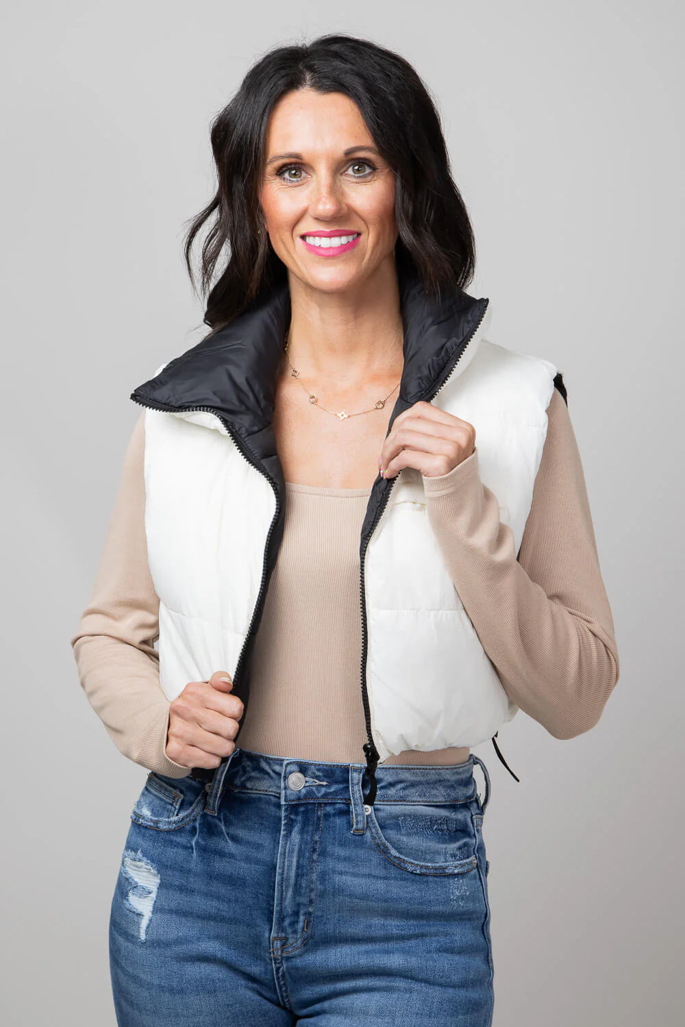 Love Tree Cropped Reversible Puffer Vest for Women in Black/White | 5089VH-BLACKOFFWHITE - Image 2