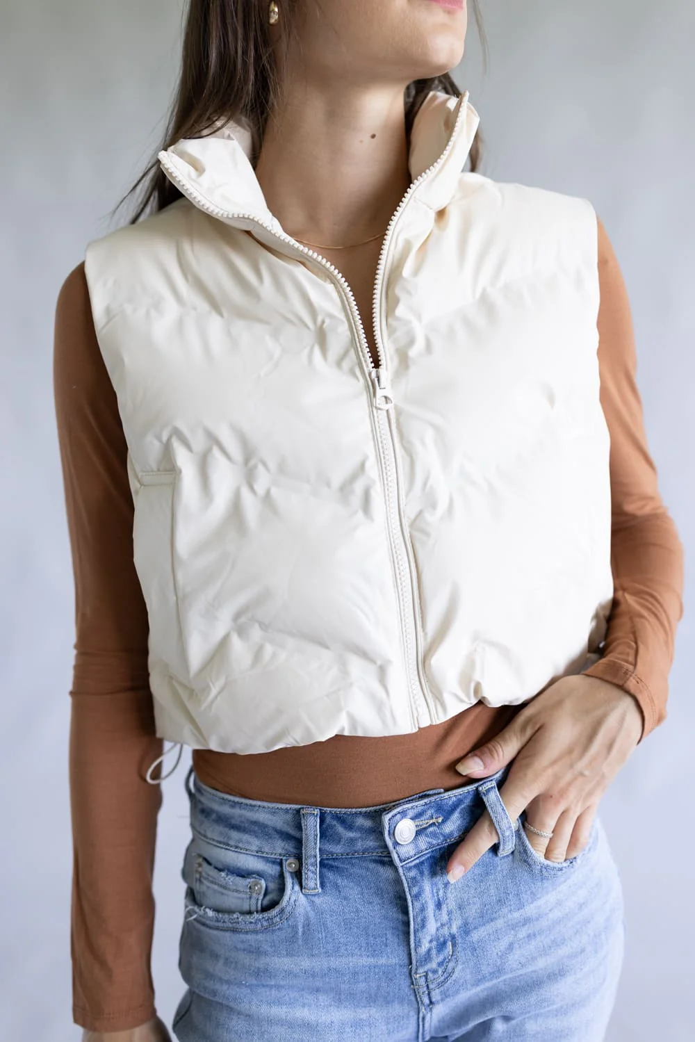 Love Tree Cropped Puffer Vest for Women in Ivory | 5142VN-IVORY - Image 2