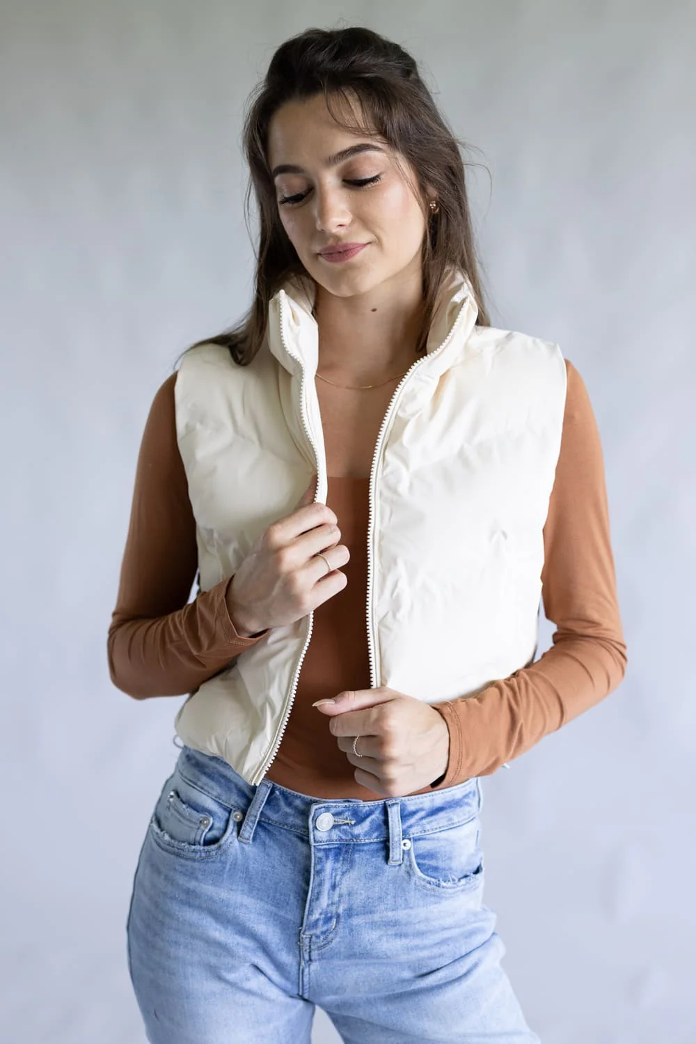 Love Tree Cropped Puffer Vest for Women in Ivory | 5142VN-IVORY - Image 3