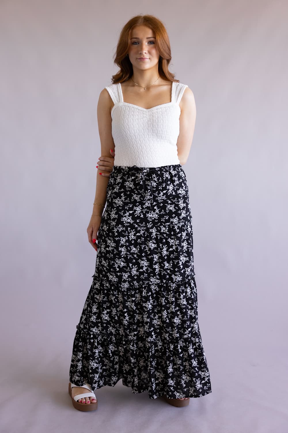Love Tree Floral Tie Waist Tiered Maxi Skirt for Women in Black | 7346SN-BLACK - Image 2