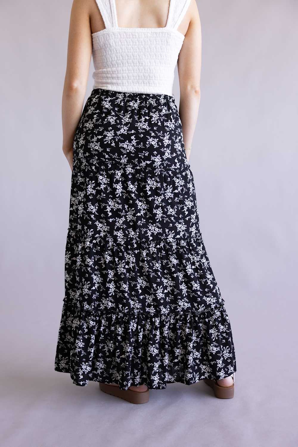 Love Tree Floral Tie Waist Tiered Maxi Skirt for Women in Black | 7346SN-BLACK - Image 3