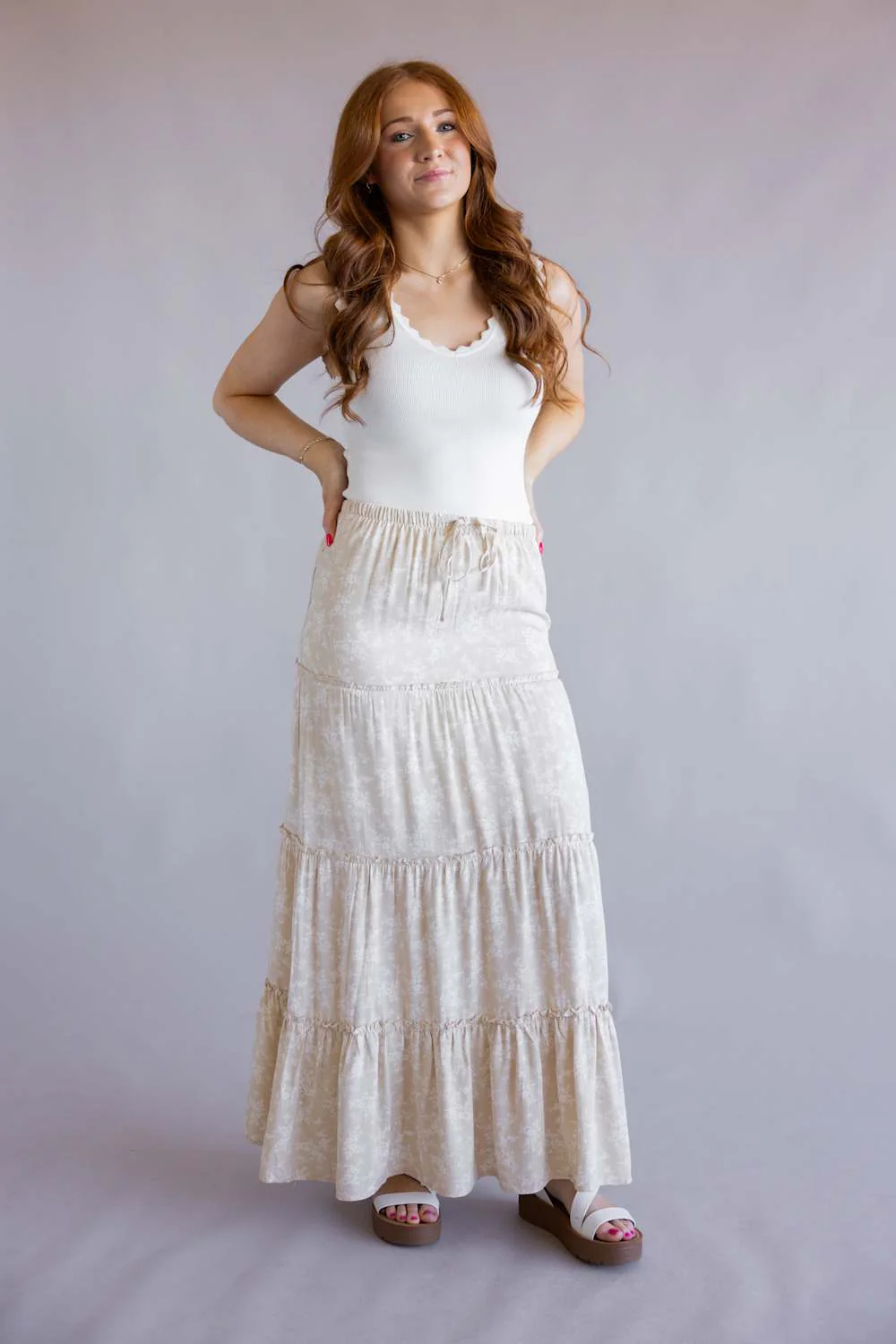 Love Tree Floral Tie Waist Tiered Maxi Skirt for Women in Sand | 7346SN-SAND - Image 2