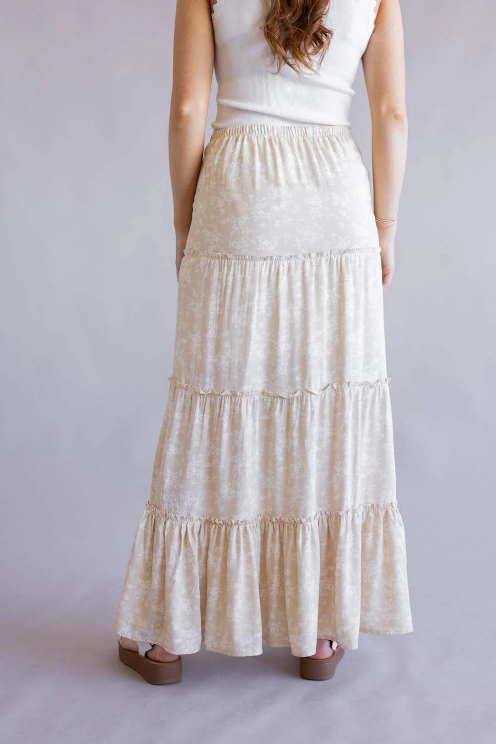 Love Tree Floral Tie Waist Tiered Maxi Skirt for Women in Sand | 7346SN-SAND - Image 3