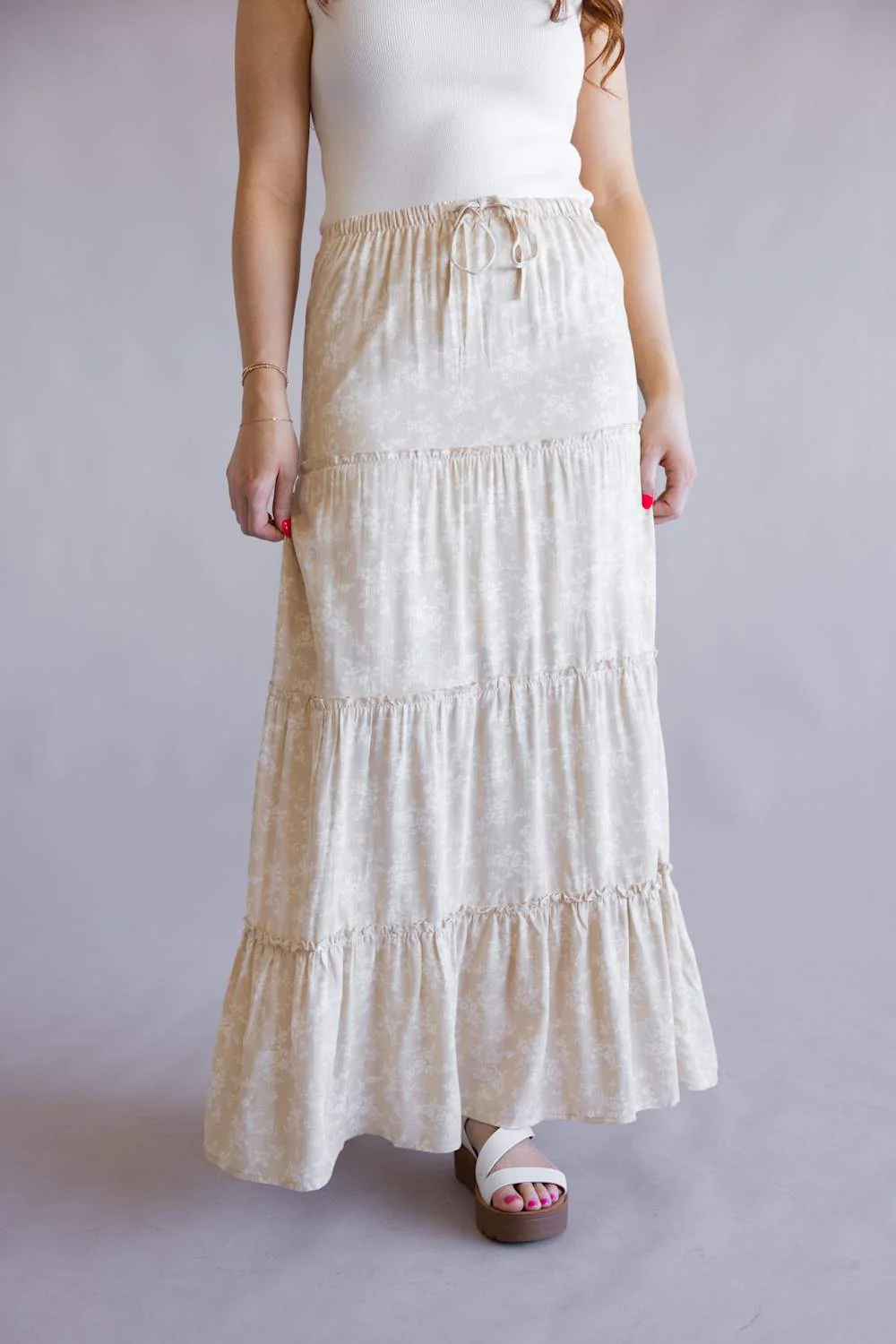 Love Tree Floral Tie Waist Tiered Maxi Skirt for Women in Sand | 7346SN-SAND - Image 4