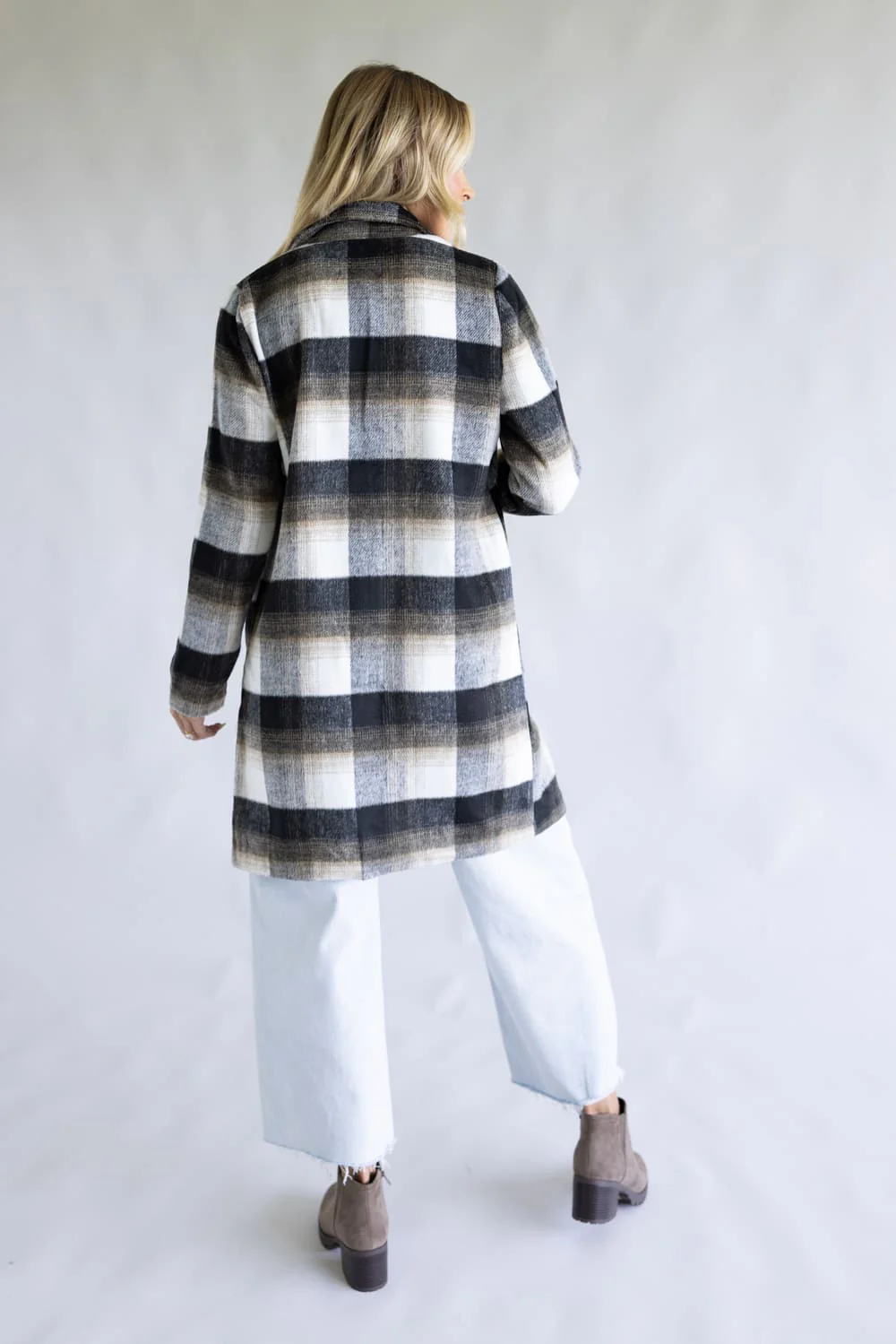 Love Tree One Button Plaid Long Coat for Women in Combo Black | 80333JN-BLACK - Image 2