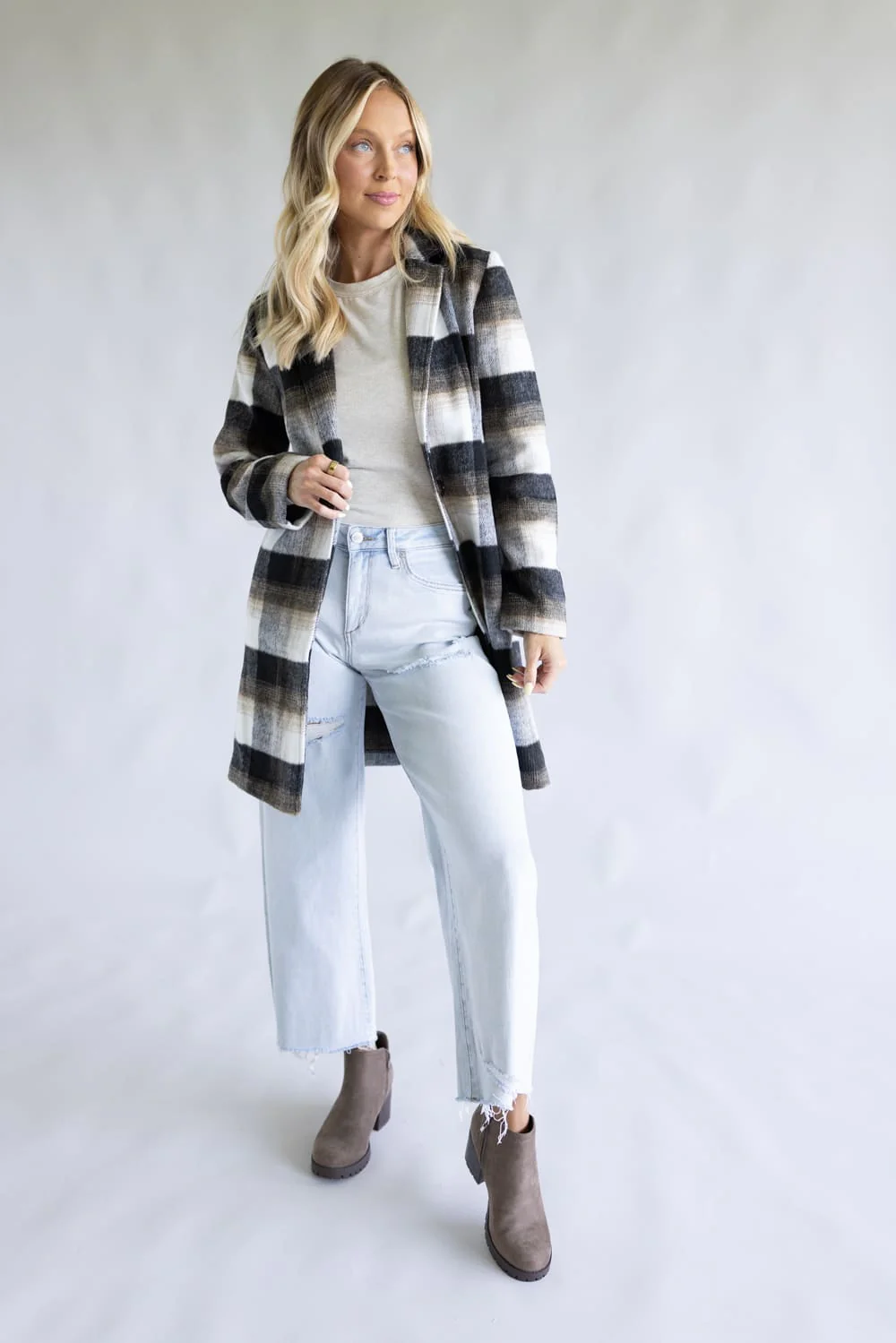 Love Tree One Button Plaid Long Coat for Women in Combo Black | 80333JN-BLACK - Image 3