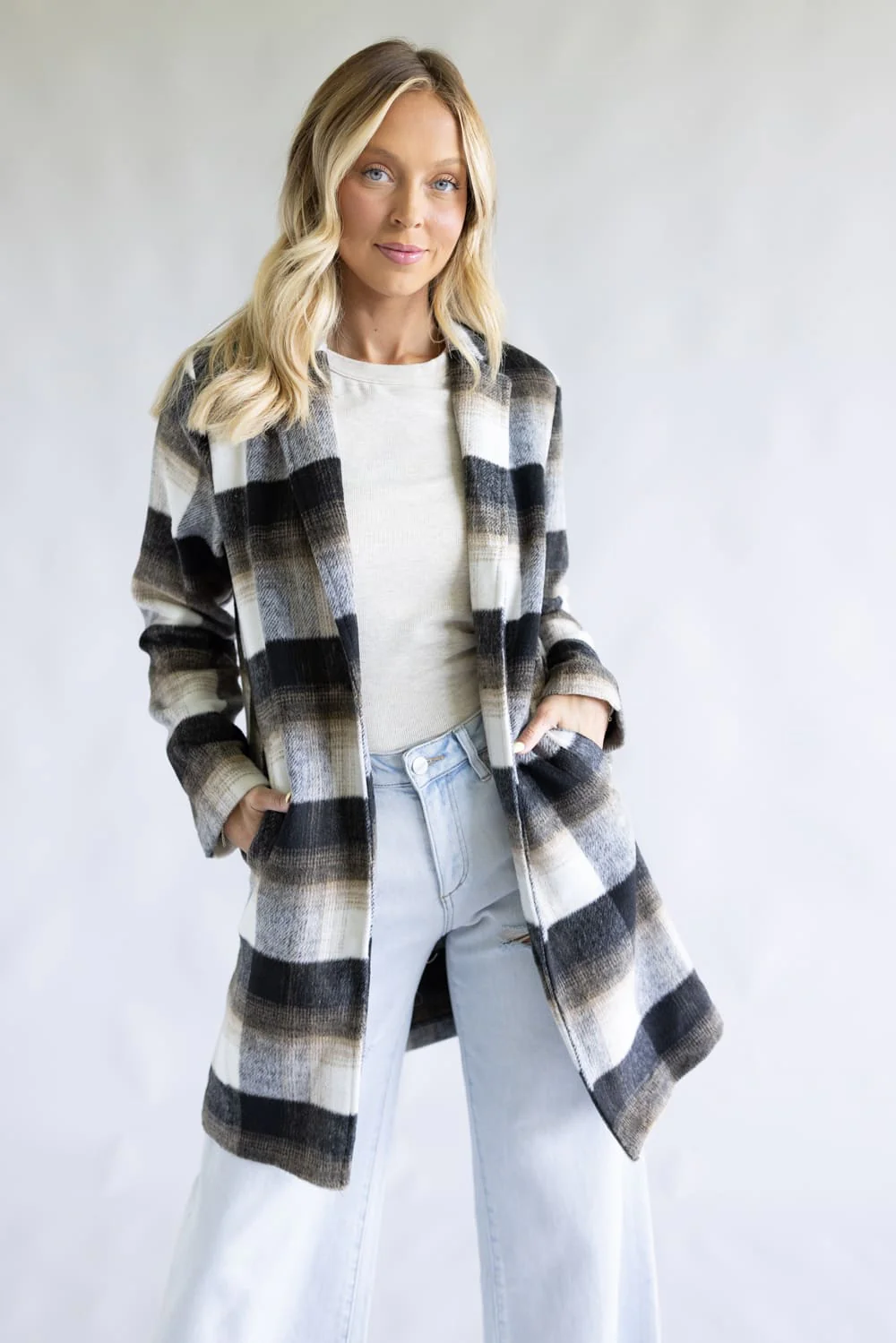 Love Tree One Button Plaid Long Coat for Women in Combo Black | 80333JN-BLACK - Image 4