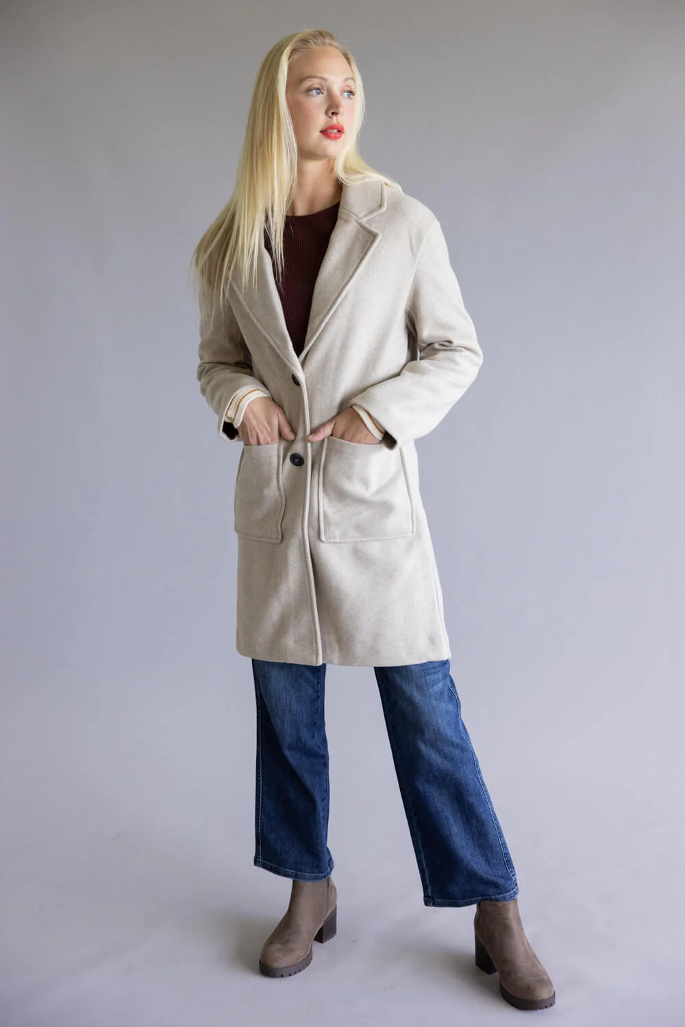 Love Tree Patch Pocket Long Coat for Women in Oatmeal | 80340JN-OATMEAL - Image 3