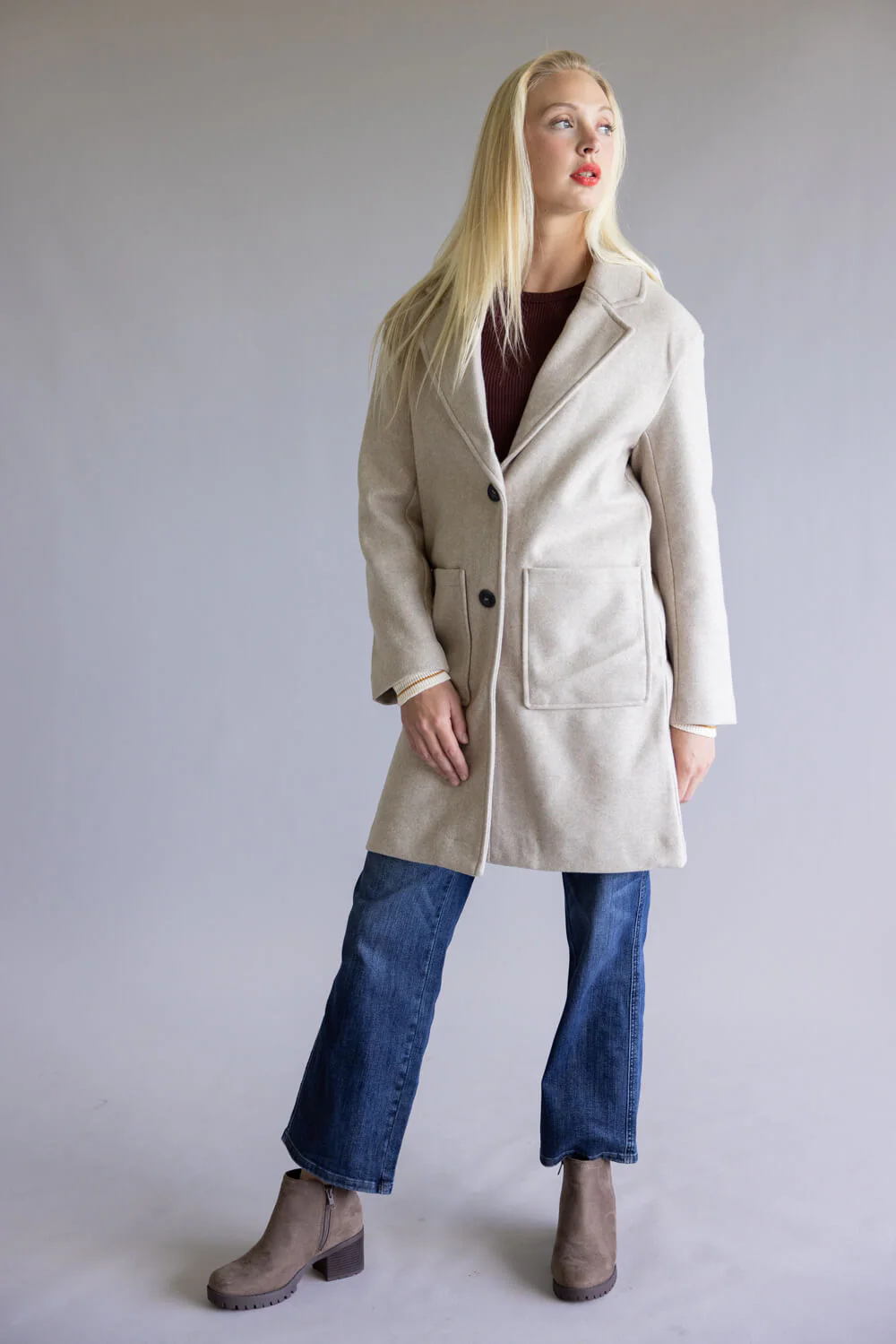 Love Tree Patch Pocket Long Coat for Women in Oatmeal | 80340JN-OATMEAL - Image 4