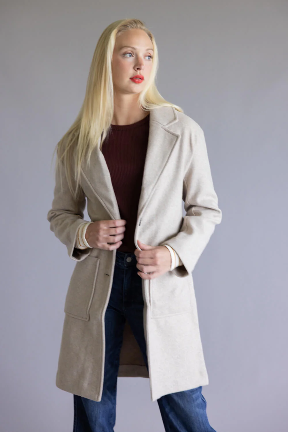 Love Tree Patch Pocket Long Coat for Women in Oatmeal | 80340JN-OATMEAL - Image 5