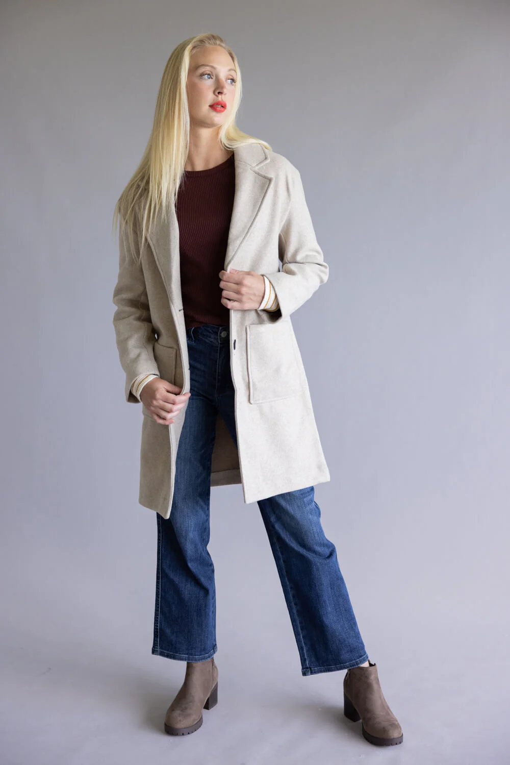 Love Tree Patch Pocket Long Coat for Women in Oatmeal | 80340JN-OATMEAL - Image 6