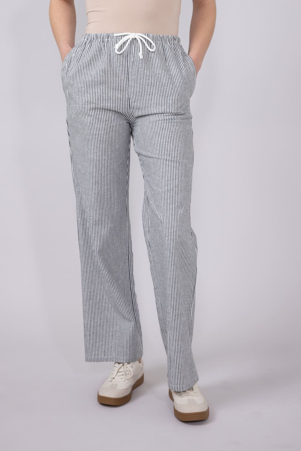 Love Tree Pinstripe Drawstring Linen Pants for Women - Image 3
