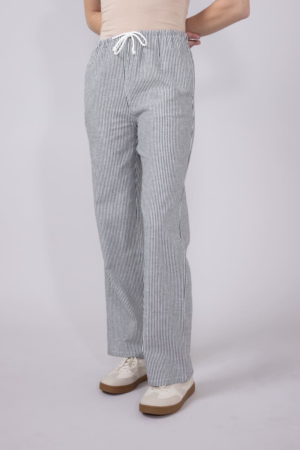 Love Tree Pinstripe Drawstring Linen Pants for Women in Black | 60024PN-BLACK - Image 2