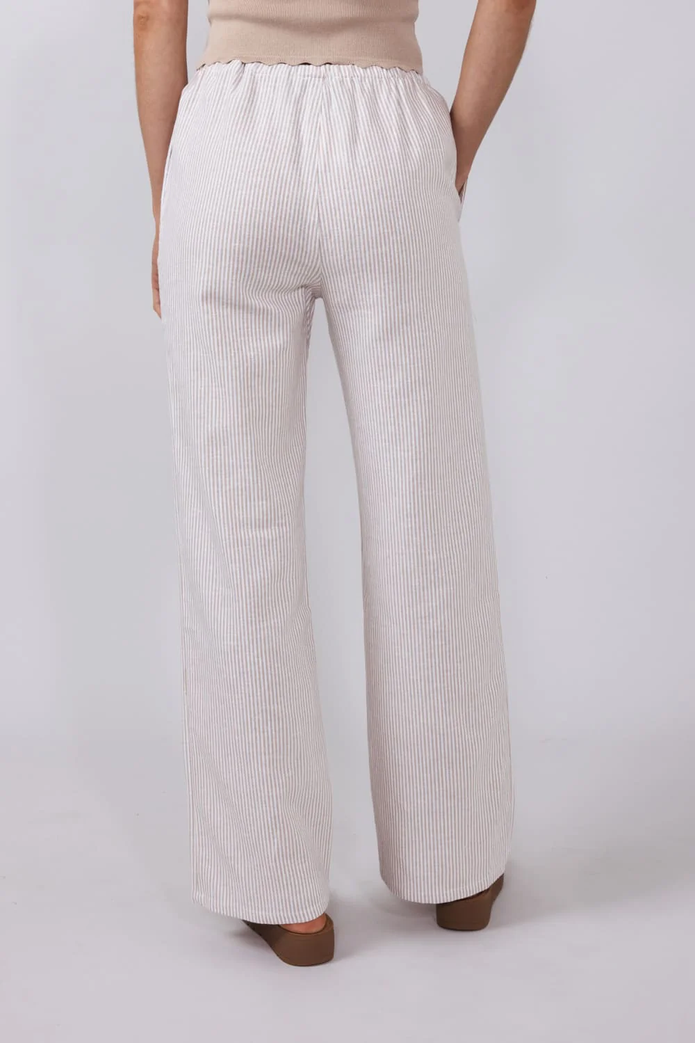 Love Tree Pinstripe Drawstring Linen Pants for Women in Khaki | 60024PN-KHAKI - Image 2