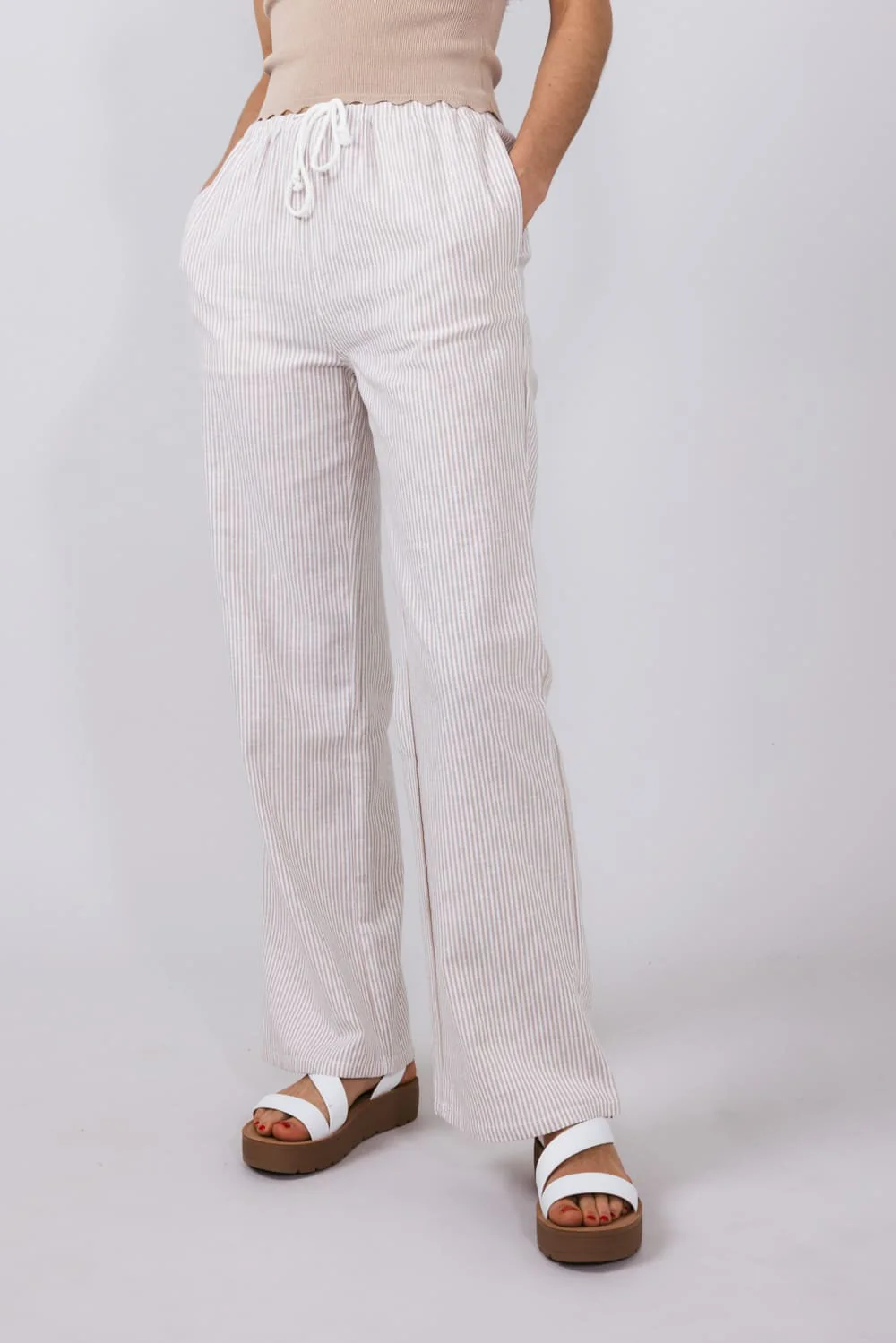 Love Tree Pinstripe Drawstring Linen Pants for Women in Khaki | 60024PN-KHAKI - Image 4