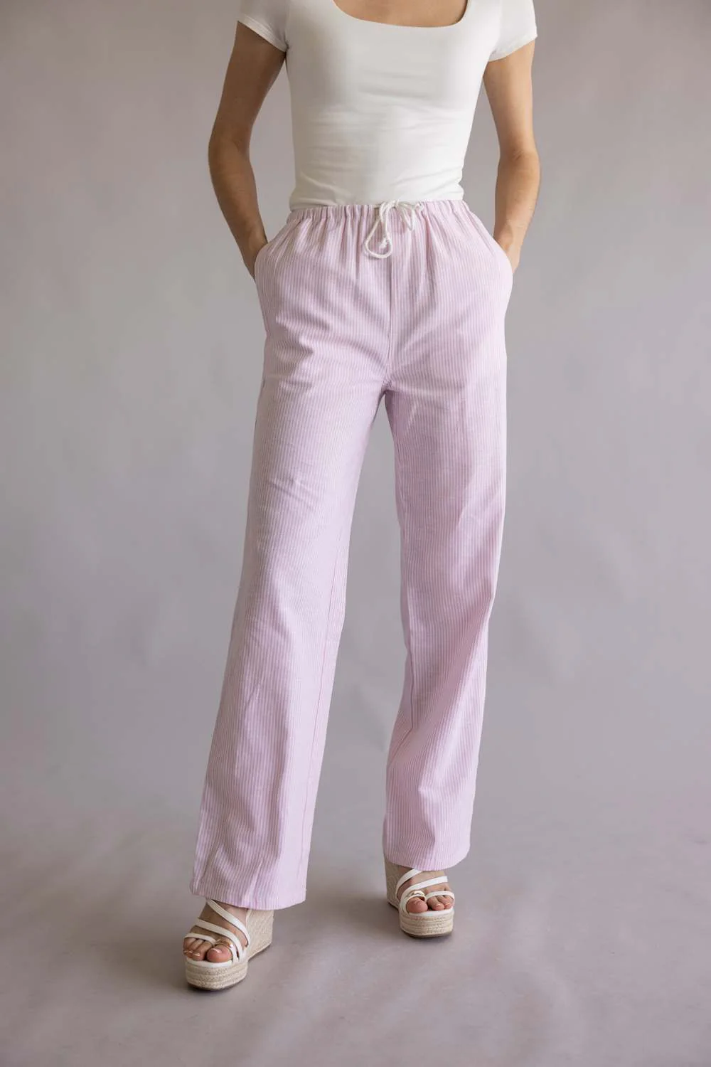 Love Tree Pinstripe Drawstring Linen Pants for Women in Light Pink | 60024PN-LTPINK - Image 2