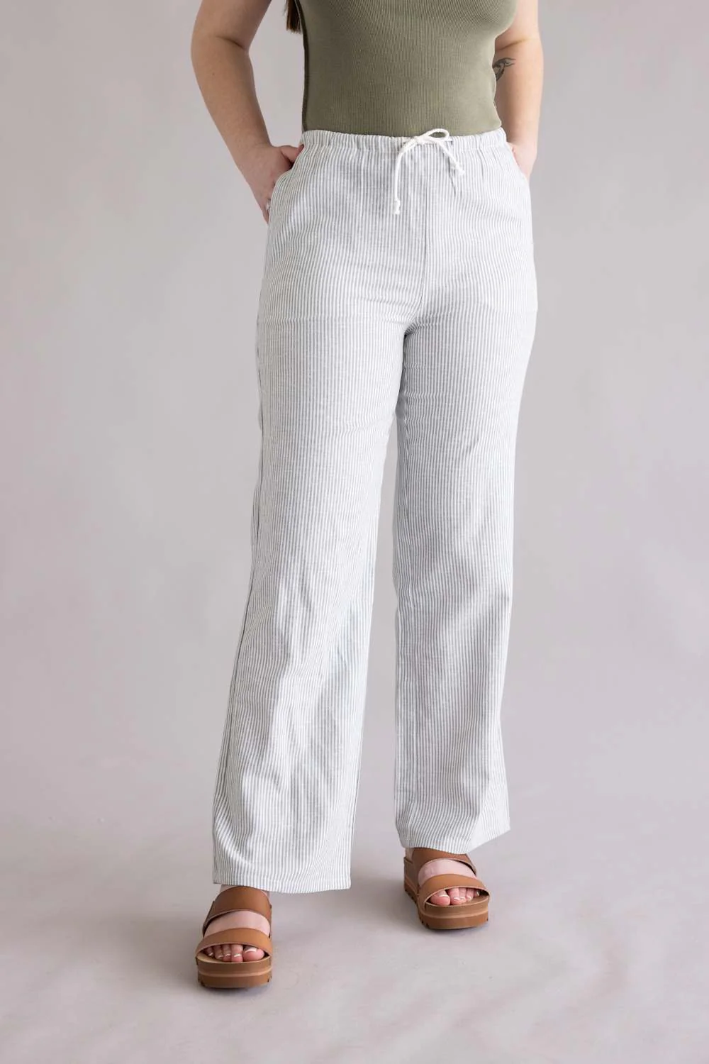Love Tree Pinstripe Drawstring Linen Pants for Women - Image 2