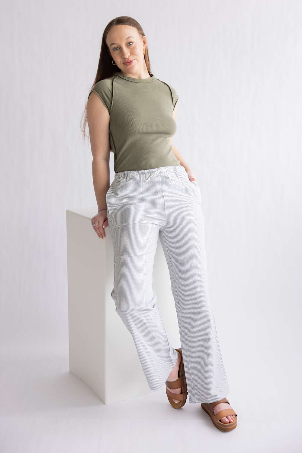 Love Tree Pinstripe Drawstring Linen Pants for Women in Mint Green | 60024PN-MINTGREEN - Image 2