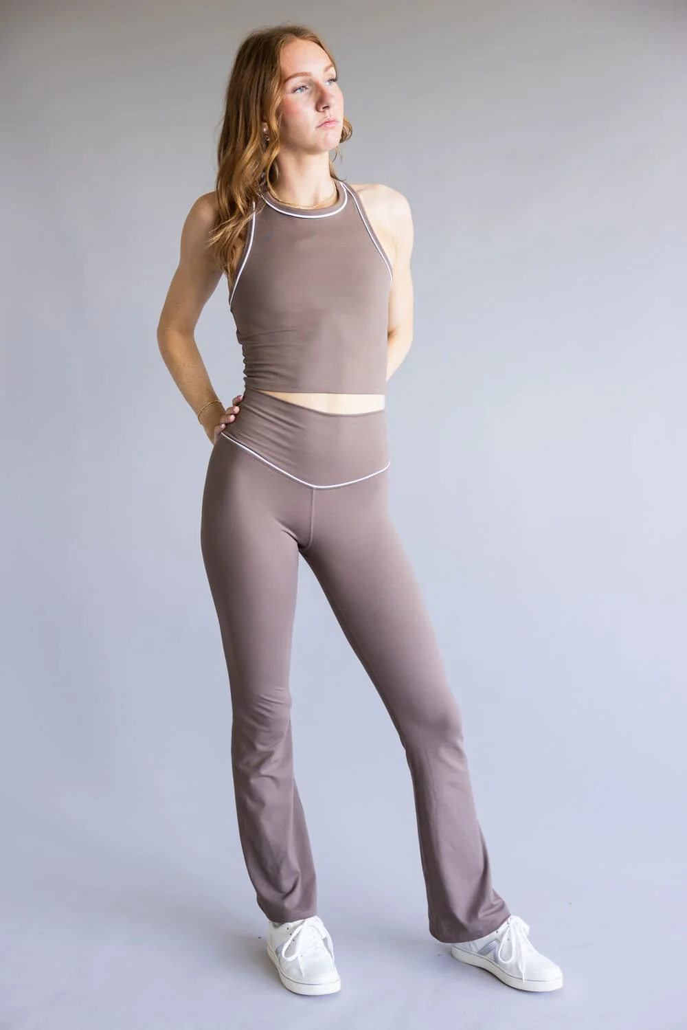 Love Tree Piping Detail Flare Leggings for Women in Mocha | 60061PN-MOCHA - Image 2