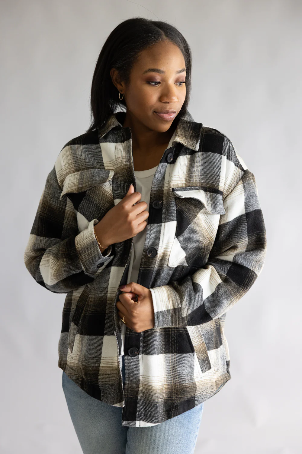 Love Tree Sherpa Lined Plaid Jacket for Women in Black | 80383JN-BLACK - Image 3