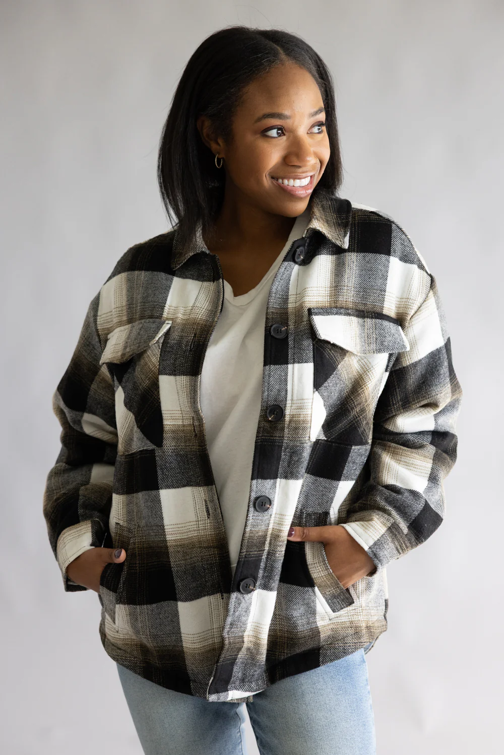 Love Tree Sherpa Lined Plaid Jacket for Women in Black | 80383JN-BLACK - Image 5