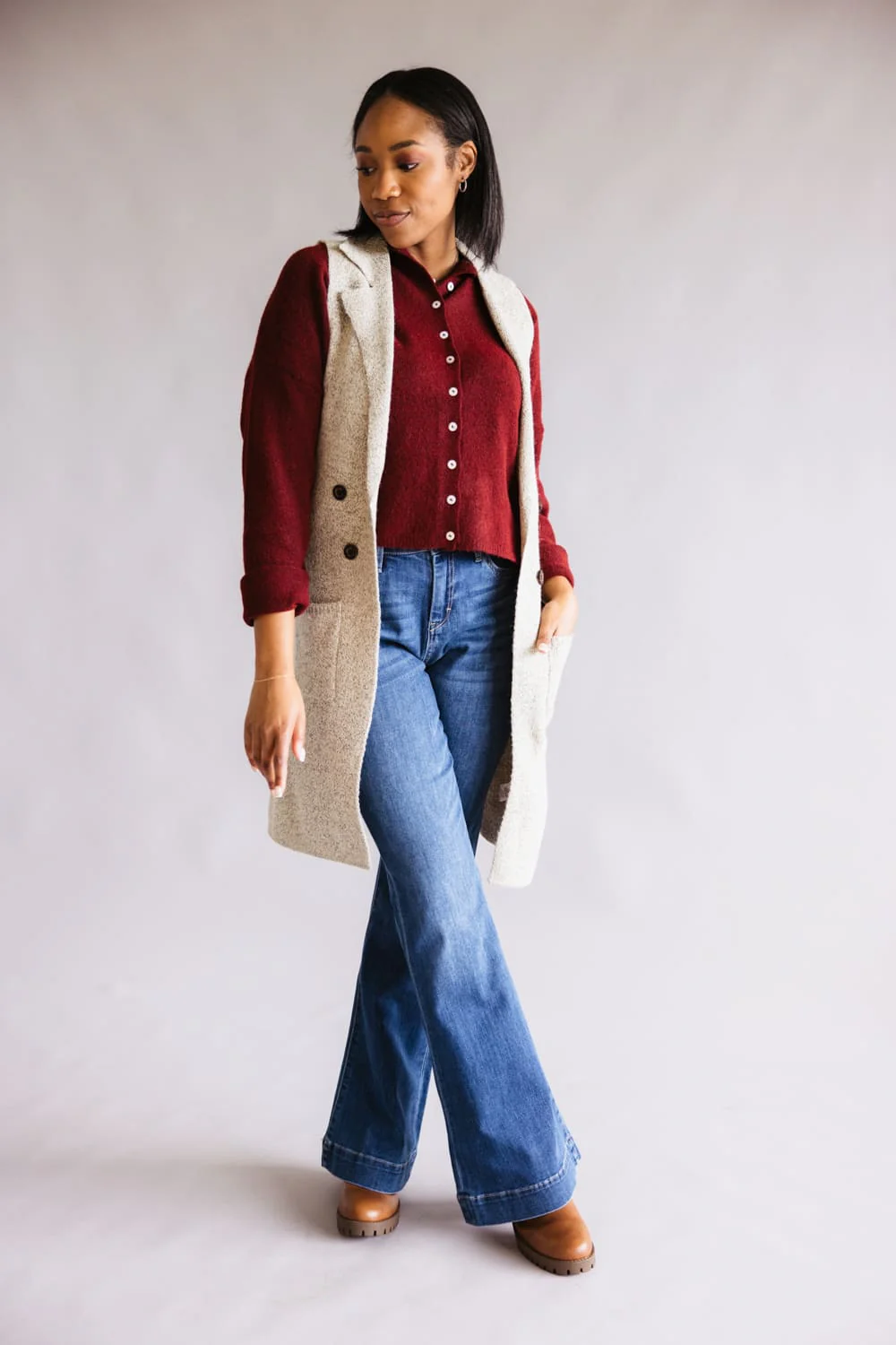 Love Tree Sleeveless Long Sweater Vest for Women in Oatmeal | 9010WH-OATMEAL - Image 3