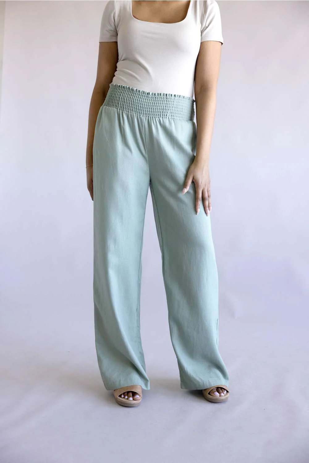 Love Tree Smocked Waist Linen Pants for Women in Mint Green | 60114PN-MINTGREEN - Image 2