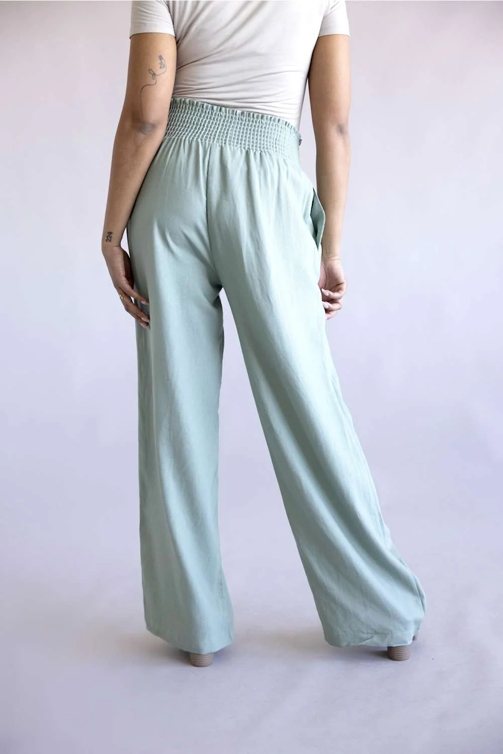 Love Tree Smocked Waist Linen Pants for Women in Mint Green | 60114PN-MINTGREEN - Image 3