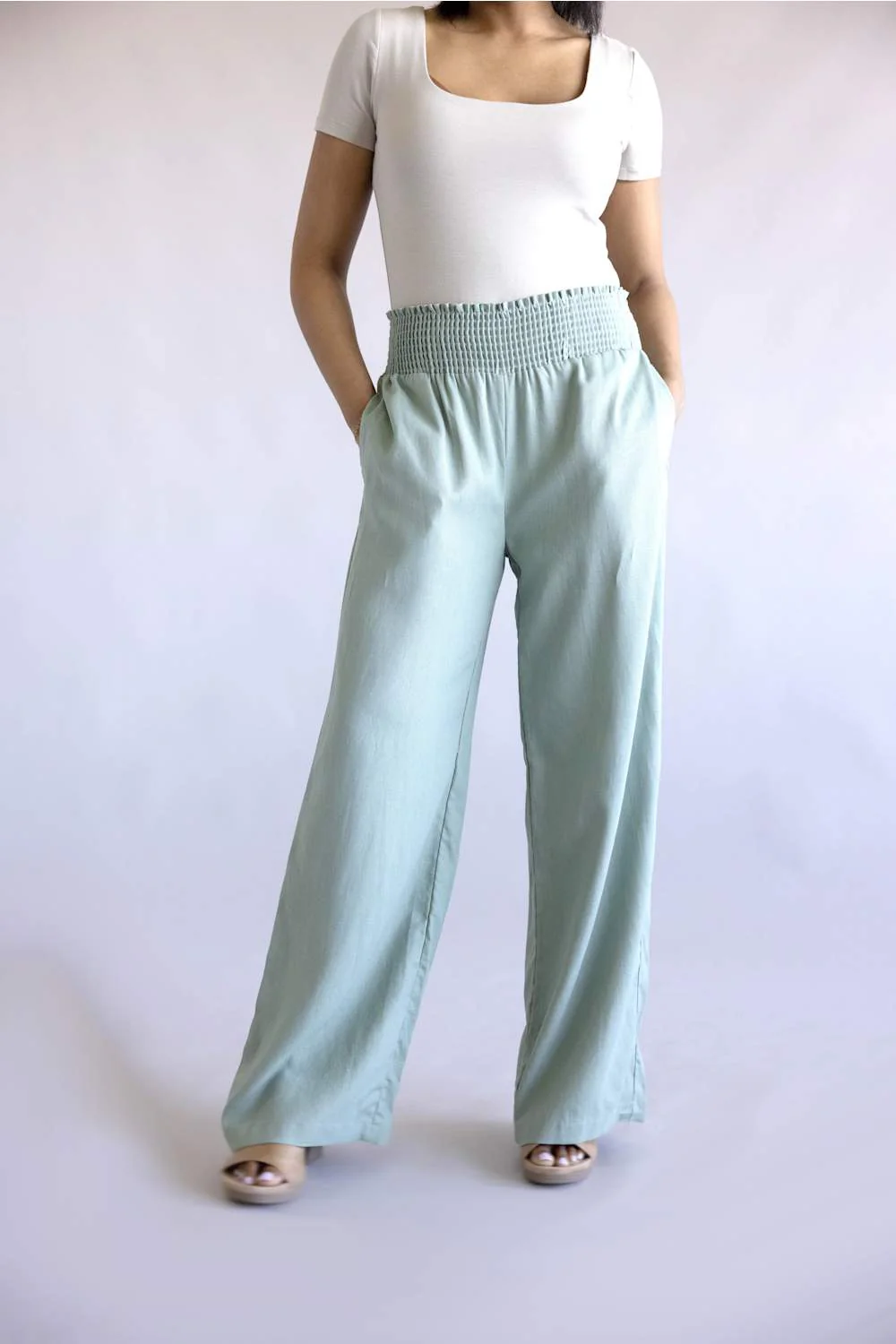 Love Tree Smocked Waist Linen Pants for Women in Mint Green | 60114PN-MINTGREEN - Image 4
