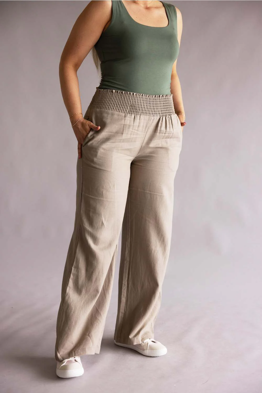 Love Tree Smocked Waist Linen Pants for Women in Mushroom | 60114PN-MUSHROOM - Image 2