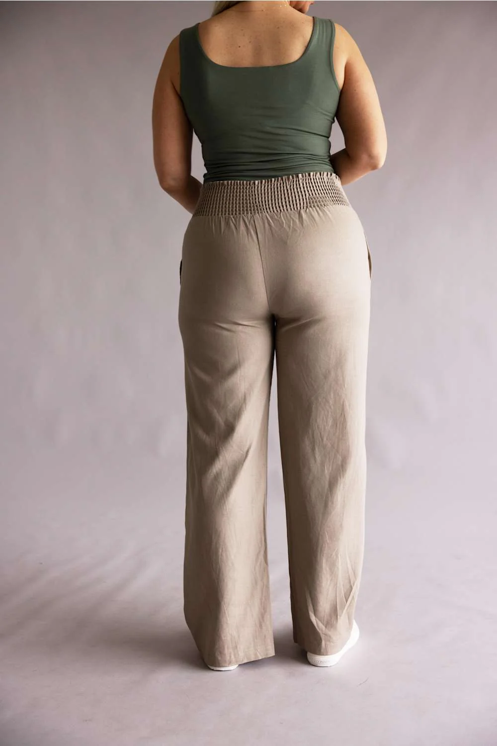 Love Tree Smocked Waist Linen Pants for Women in Mushroom | 60114PN-MUSHROOM - Image 3