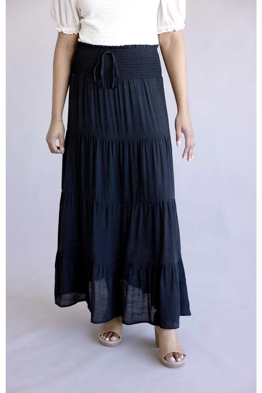 Love Tree Tie Waist Tiered Maxi Skirt for Women in Black | 7289SH-BLACK - Image 2