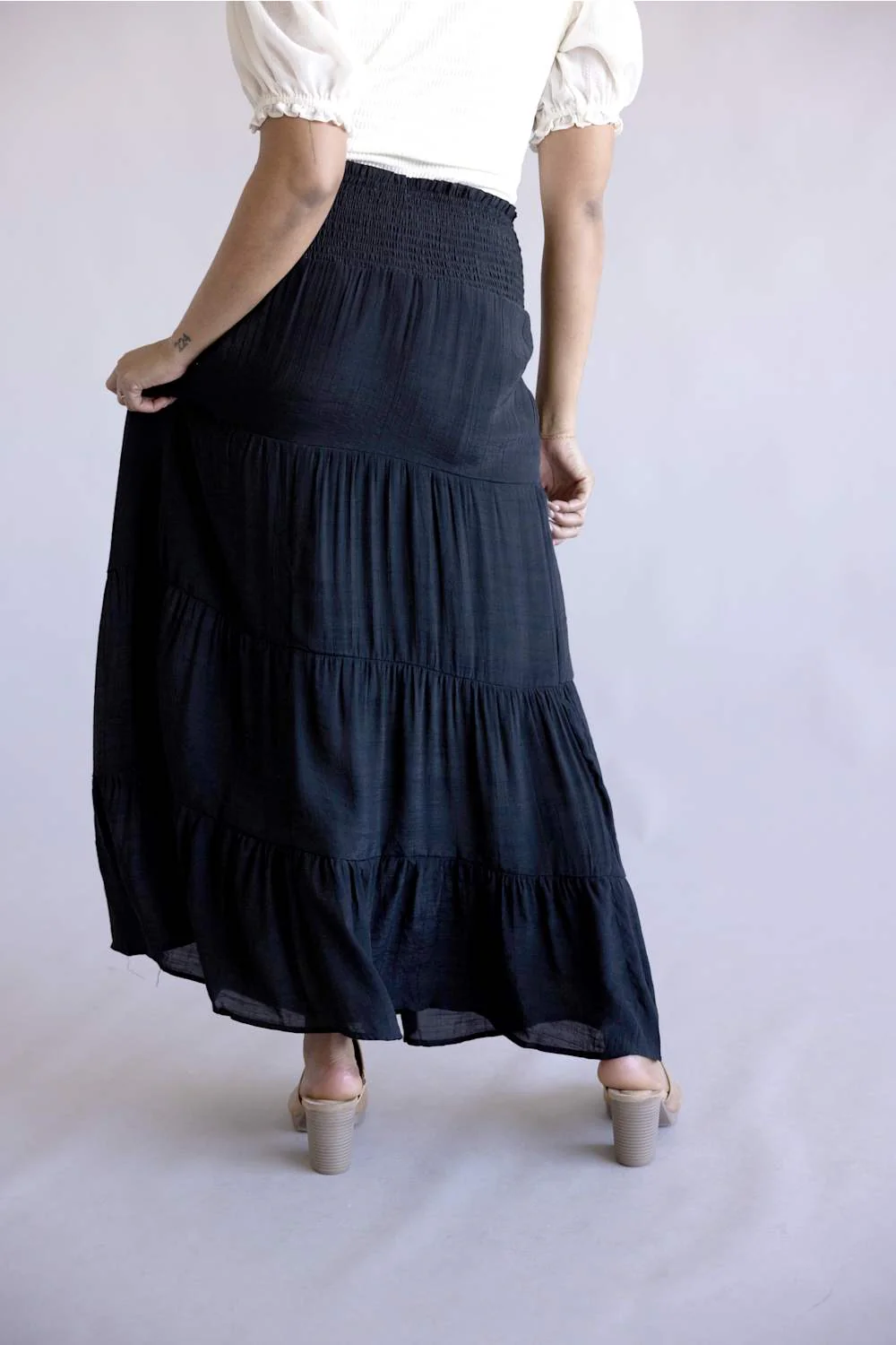 Love Tree Tie Waist Tiered Maxi Skirt for Women in Black | 7289SH-BLACK - Image 3