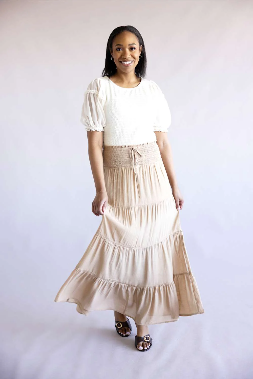 Love Tree Tie Waist Tiered Maxi Skirt for Women in Khaki  | 7289SH-KHAKI - Image 2