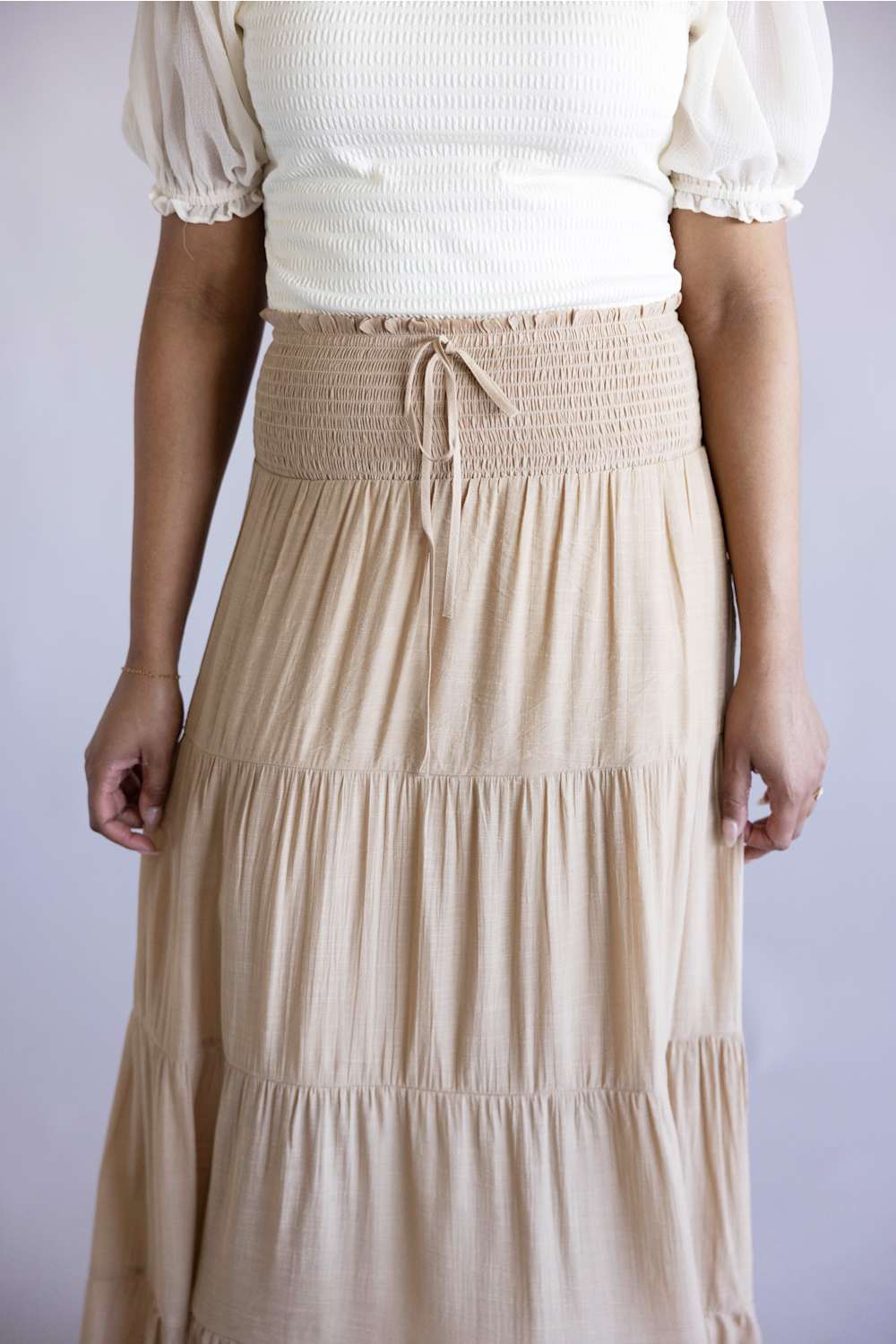 Love Tree Tie Waist Tiered Maxi Skirt for Women in Khaki  | 7289SH-KHAKI - Image 3