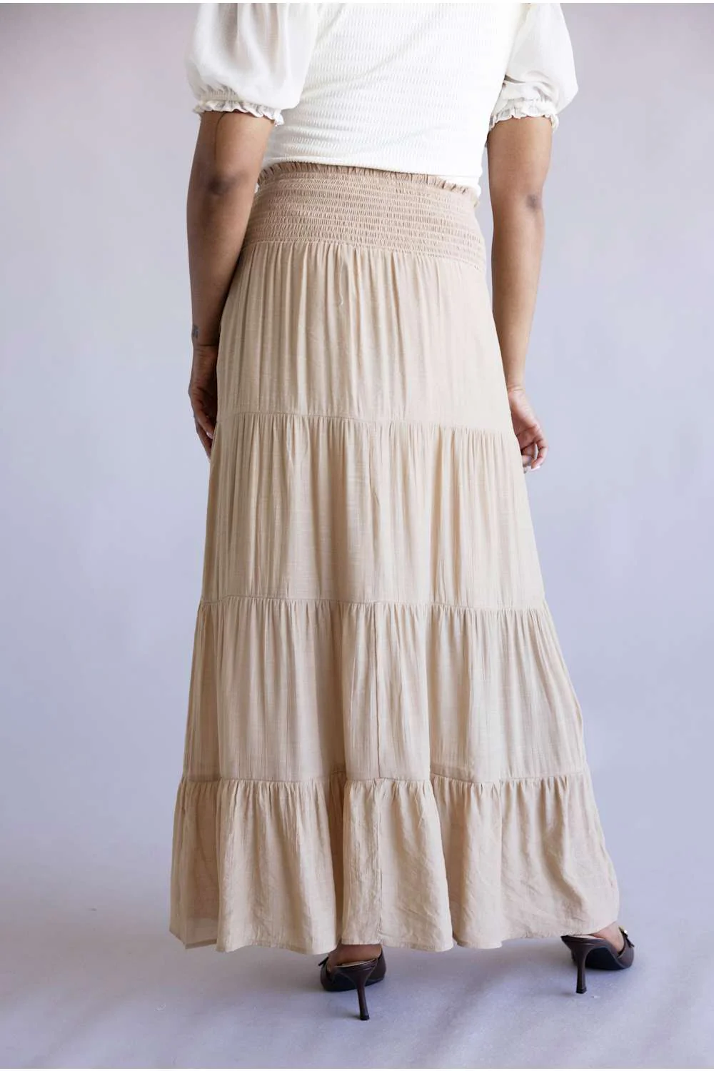Love Tree Tie Waist Tiered Maxi Skirt for Women in Khaki  | 7289SH-KHAKI - Image 4