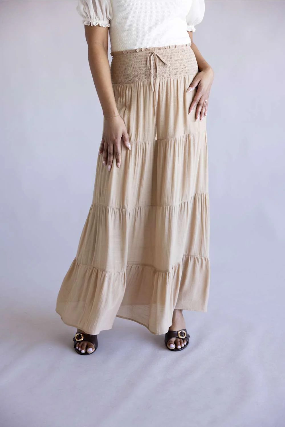 Love Tree Tie Waist Tiered Maxi Skirt for Women in Khaki  | 7289SH-KHAKI - Image 5